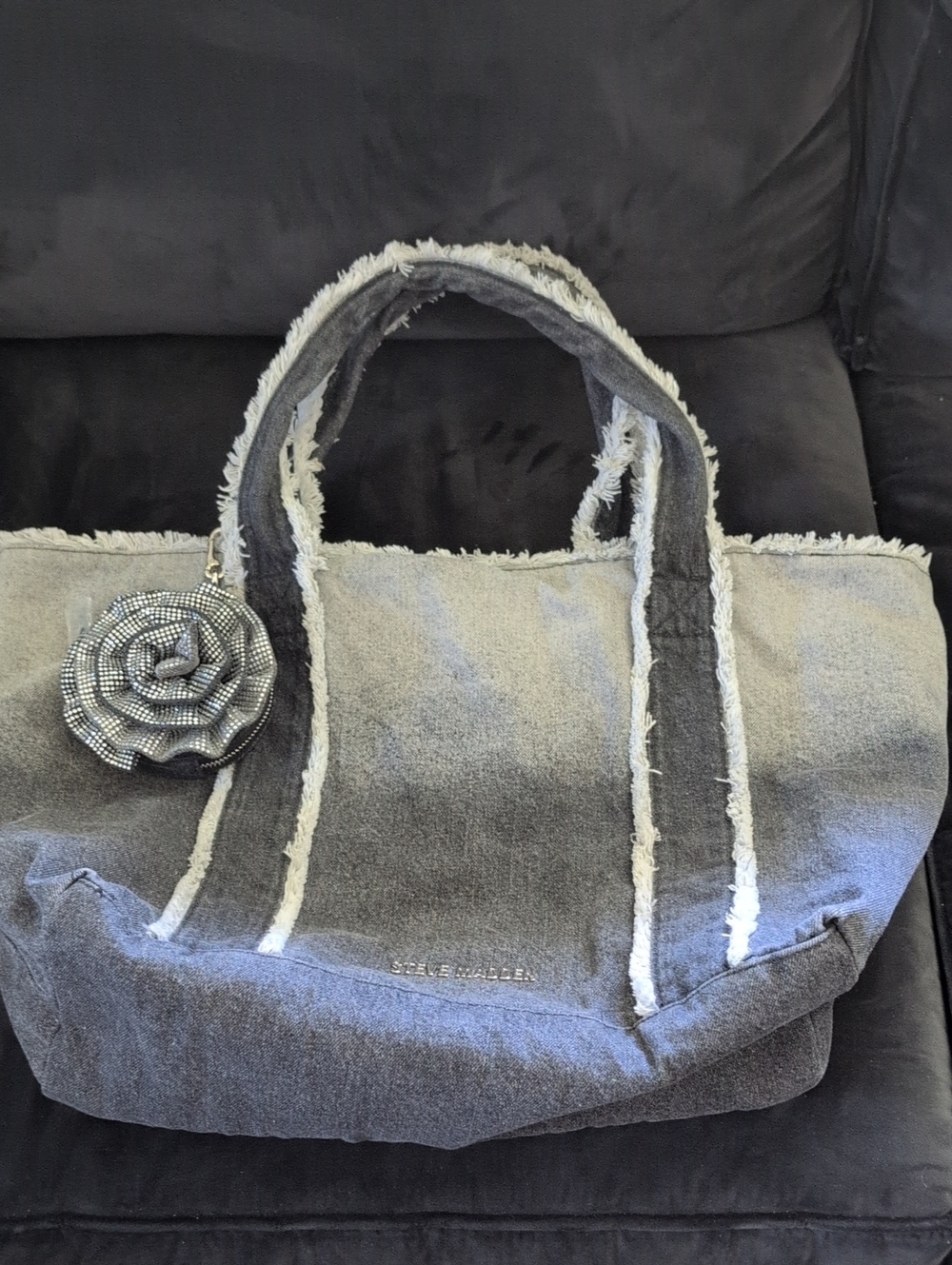 Steve Madden Gray Frayed Tote with Flower And Clip.On Pouch
